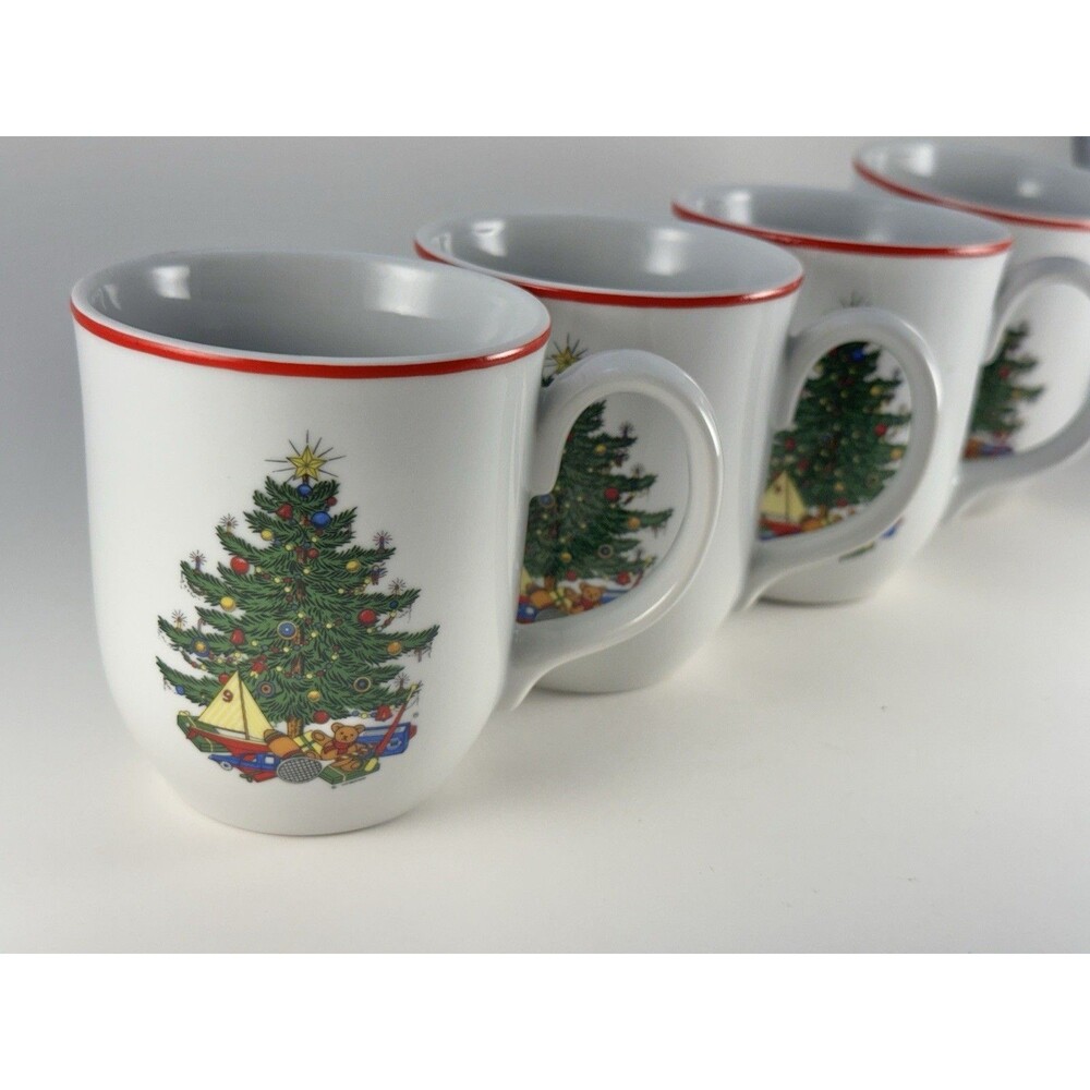 Cuthbertson American Christmas Tree Mugs Set of 4 Red Rim Holiday Cups